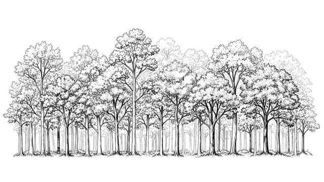Vector illustration&nbsp;of row of deciduous trees in a forest, black and white sketch on a white background
