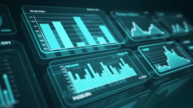 Futuristic digital interface with glowing financial charts and data, Modern business analytics and stock market growth concept.Futuristic financial charts and data analysis on glowing screens , - Powered by Adobe