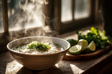 Vietnamese pho with steam and fresh herbs