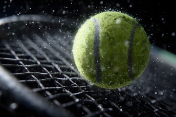 Macro tennis ball in motion hitting strings