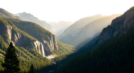 Scenic view of a valley with a waterfall and mountains covered in green trees isolated on transparent background
