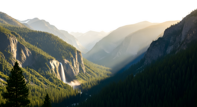 Scenic view of a valley with a waterfall and mountains covered in green trees isolated on transparent background
