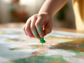 A childs hand, playfully painted, places a green pushpin on a colorful map. Symbolizes exploration, adventure, learning, travel dreams, geography, and childhood discovery.
