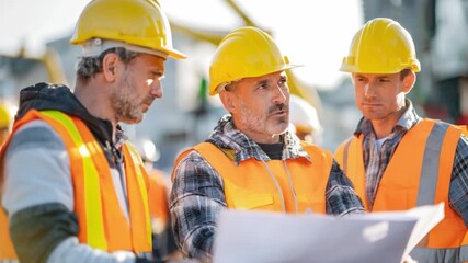 Construction Crew Analyzing Plans: A focused construction crew collaborates outdoors, meticulously reviewing architectural blueprints to ensure project precision and safety. 