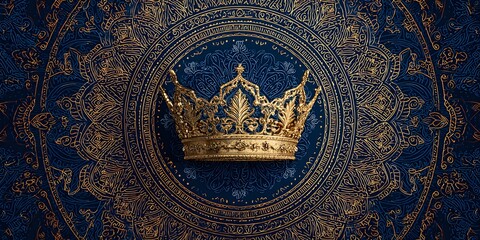 Luxurious Royal Gold Crown Centered on Intricate Blue Mandala Pattern