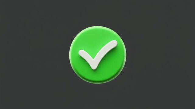 3D green tick mark icon animation on isolated background. Glowing check mark motion graphics in 4K, symbolizing approval or validation in modern UI.