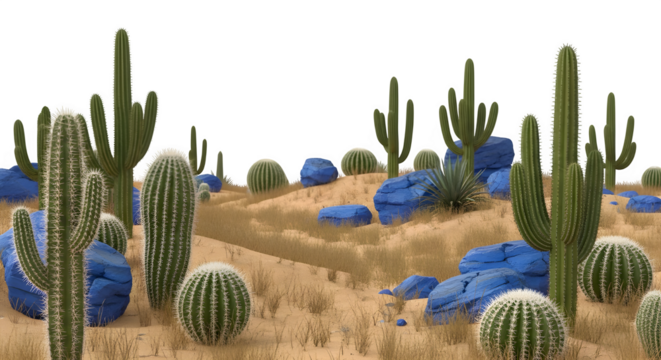Desert landscape with saguaro cacti and blue rocks isolated on transparent background - Powered by Adobe