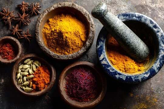 Flat lay of exotic spices and herbs in stone and wooden bowls with star anise, turmeric and cardamom, top view.