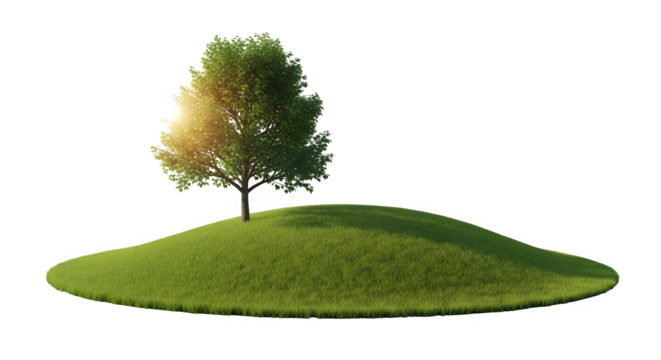 Green tree on a grassy hill isolated on transparent background, illuminated by the sun shining through