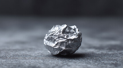 A shiny, crumpled foil ball on a textured grey surface. Conceptual image representing waste, recycling, or ideas. Use for design, frustration, or creative blocks.