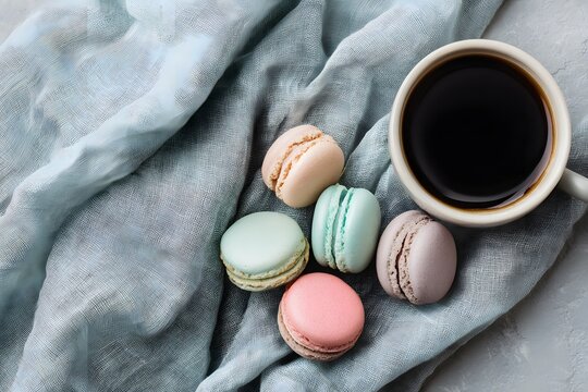 French macarons and elegant desserts with cup of coffee on soft linen fabric, top view flat lay. - Powered by Adobe