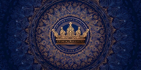 Intricate Royal Crown on Deep Blue Gold Mandala Luxury Background
