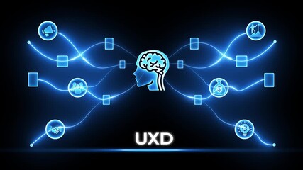 Digital network connecting icons to a human brain with the word UXD Keywords: technology, innovation, business, network, connection, data, information, digital, brain, human, head, mind, thought - Powered by Adobe