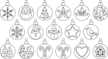 Christmas ball flat line cartoon set. Black linear round balls. Sign New year, icons collection bird, holly, house, deer and candy, snowflakes, sock, Christmas tree, bell. Isolated vector illustration
