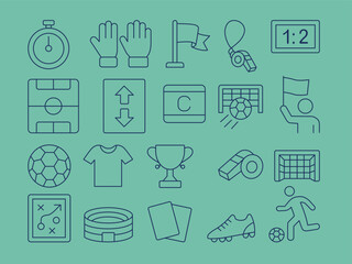 A comprehensive collection of 20 outline vector icons representing various elements of the sport of Soccer (Football)
