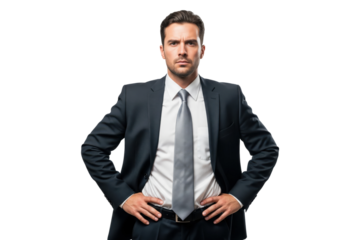 Serious or angry businessman standing with hands on his hips