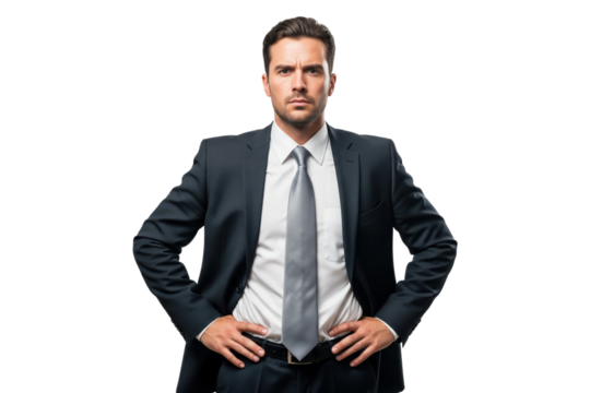 Serious or angry businessman standing with hands on his hips