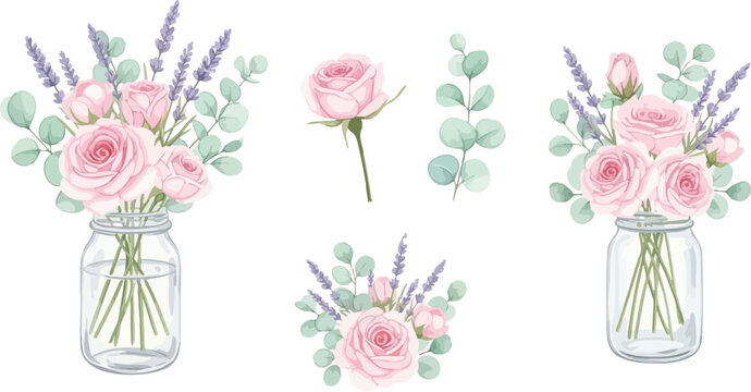 Watercolor illustration of pink roses and lavender in mason jars and loose sprigs on white