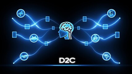 D2 C direct to consumer concept with glowing blue lines connecting icons around a human brain silhouette - Powered by Adobe
