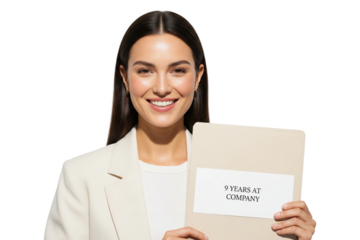 Happy female employee celebrating nine years of service at the company