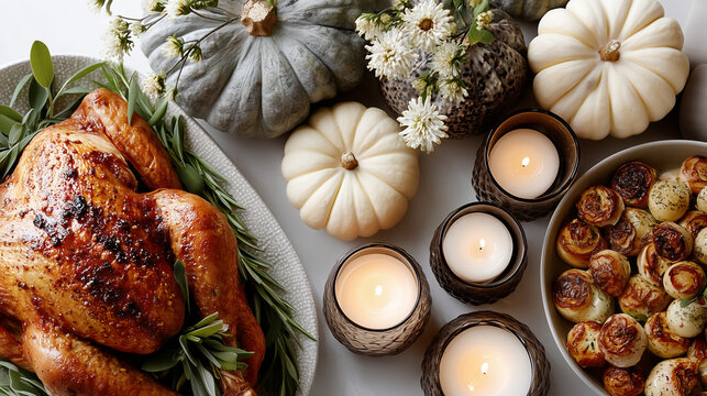 Clouse up Top-down shot of Thanksgiving turkey, pumpkins and candle holders creating a festive frame, autumn color palette, professional food photography style, clean high-detail c