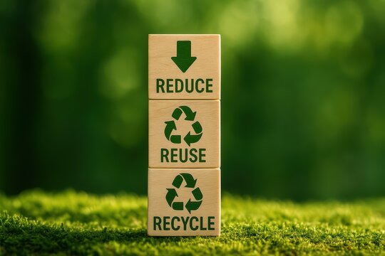 Reduce reuse recycle concept. Wooden blocks with green eco-friendly symbols promoting sustainability, environmental protection, and waste management awareness. - Powered by Adobe