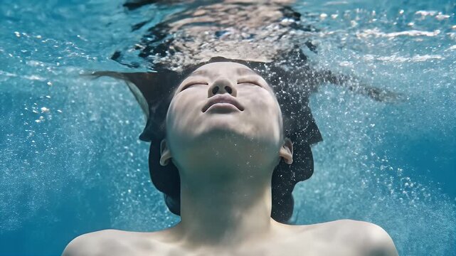 Woman Submerged In Clear Water With Long Hair And Serene Expression
