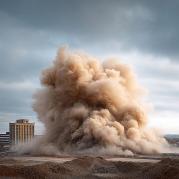 Dramatic demolition scene featuring a building imploding amidst a cloud of dust, symbolizing change, progress, or urban renewal. Suitable for construction, history, or environmental projects.