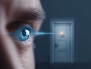 Eye with digital overlay points towards a door. Vision, technology, surveillance, future concepts. Use for innovation, security, and perspective themes.