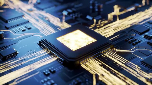 Glowing central processor chip on a dark blue circuit board with pathways , Futuristic circuit board and glowing processor chip, Digital innovation and artificial intelligence system concept. - Powered by Adobe