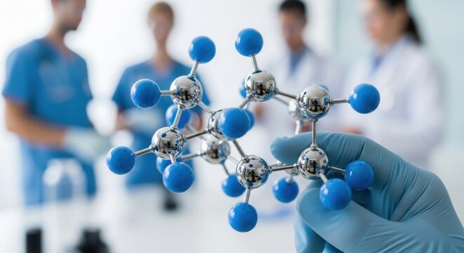 Molecular Structure Held by Gloved Hand in Bright Laboratory Setting