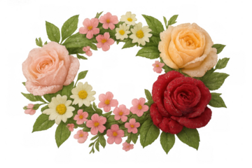 Floral wreath with pink, red, and yellow roses, daisies, and green leaves, transparent background