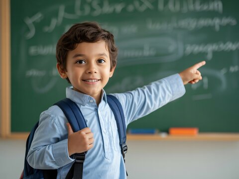 A smiling little boy with a backpack points enthusiastically towards a chalkboard covered with writing. 