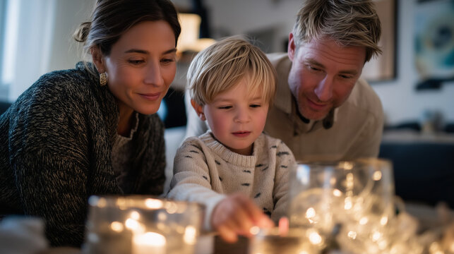 Cozy living room with Advent decorations, child lighting first candle while parents watch, warm golden evening tones, festive and emotional holiday moment Authentic and lifestyle s