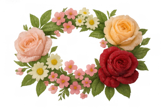 Floral wreath with pink, red, and yellow roses, daisies, and green leaves, transparent background