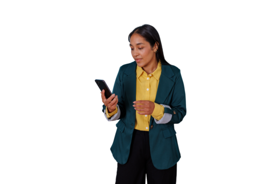 Businesswoman looking down, using cell phone, communicating digitally on transparent background