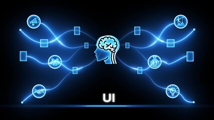 User Interface concept with brain and connected icons on dark background technology digital - Powered by Adobe
