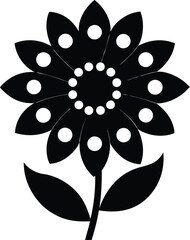 Black silhouette of a daisy with a stem and two leaves isolated on white background