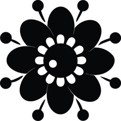 Black stylized flower with petals and dots isolated on white background