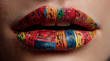 clouse up vivid colorful music notes coming out of someones lips