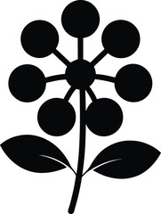 Black abstract flower with round petals and leaves isolated on white background