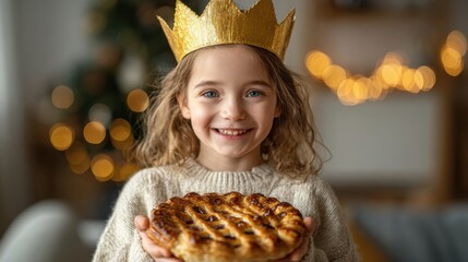 Joyful Girl Wearing a Golden Crown and Holding Traditional Galette des Rois During Epiphany Celebration
