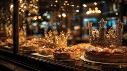 Freshly Baked Galette des Rois with Golden Crown Displayed in a Pastry Shop Window for Epiphany Celebration