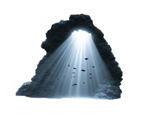 Sunlight beams penetrate through underwater cave opening, illuminating rocks and swimming fish in tranquil, mysterious aquatic scene