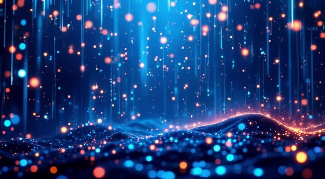 A hyper realistic digital rain of glowing particles, each drop falling in sync with the rhythm of a high energy electronic track  