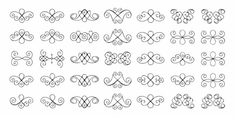 Collection of elegant black hand drawn ornamental flourishes and decorative elements on a white background