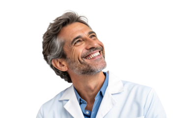Smiling dentist. Doctor. Looks happy. Looks satisfied. Joy. Cutout. Transparent.