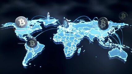 Global bitcoin network connections and cryptocurrency transactions visualized on a digital world - Powered by Adobe