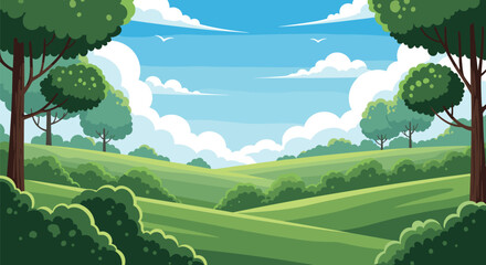 Fototapeta premium A vibrant pixel art landscape featuring rolling green hills under a bright blue sky with fluffy white clouds.