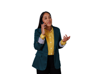 Professional woman conducting business call on phone, communicating and gesturing, available on transparent background